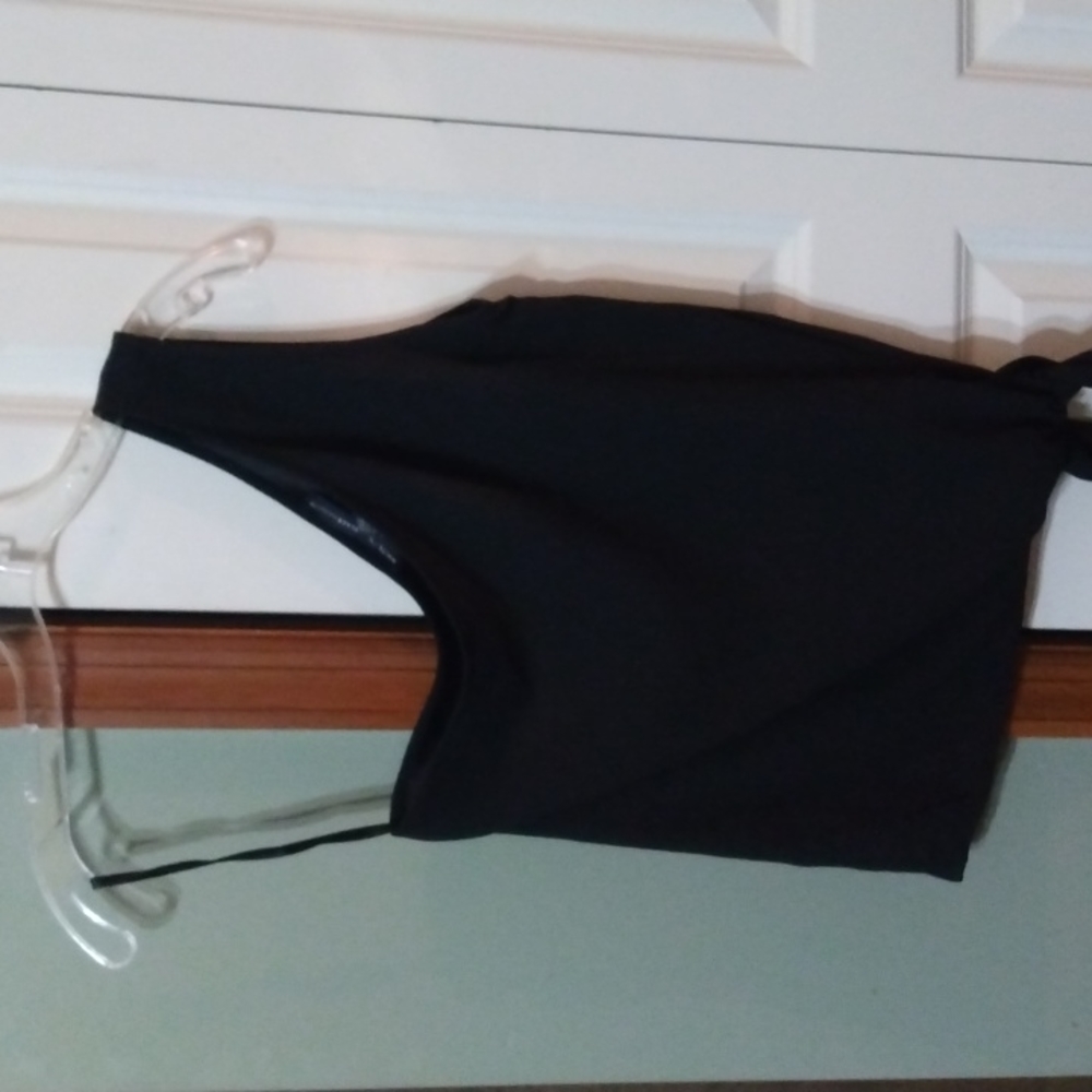 White House black market sleeveless one shoulder black tank with tie on the side